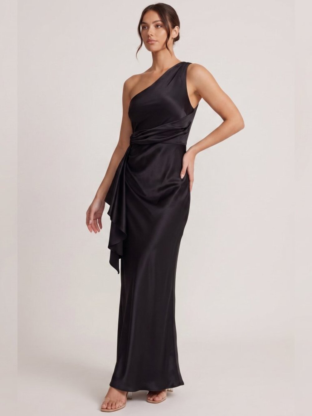 MESHKI Calliope One Shoulder Satin Maxi Dress Black XS